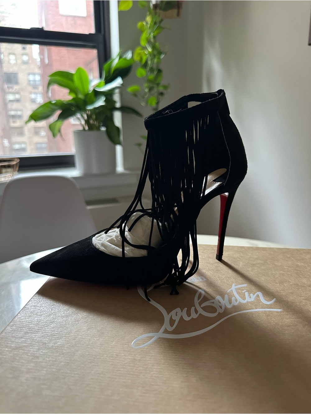 Christian Louboutin Black Suede Fringe Pointed Toe Stiletto Heels - Picture 3 of 12